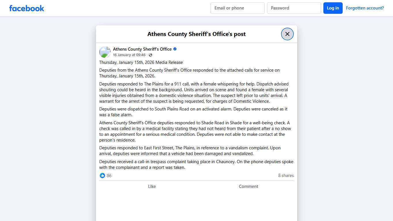 Thursday, January 15th,... - Athens County Sheriff's Office Facebook